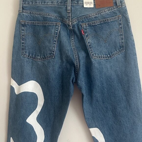 Crop Denim Paint by Number Flower Wavy Lined Straight Blue Jeans NWT - Picture 15 of 16